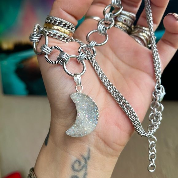 stainless steel necklace double wheat chain druzy quartz crescent moon charm - Picture 8 of 12